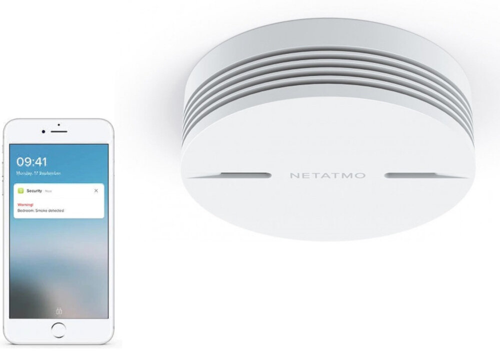 Czujnik dymu NETATMO NSA-EC WiFi-Bluetooth technologia fotoelektryczna optyczna polwczenie Wi-Fi Bluetooth aplikacja Home+Security