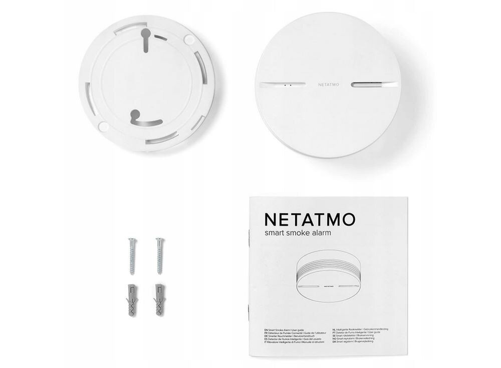 Czujnik dymu NETATMO NSA-EC WiFi-Bluetooth zestaw wspornik 2 sruby 2 kolki rozporowe instrukcja obslugi