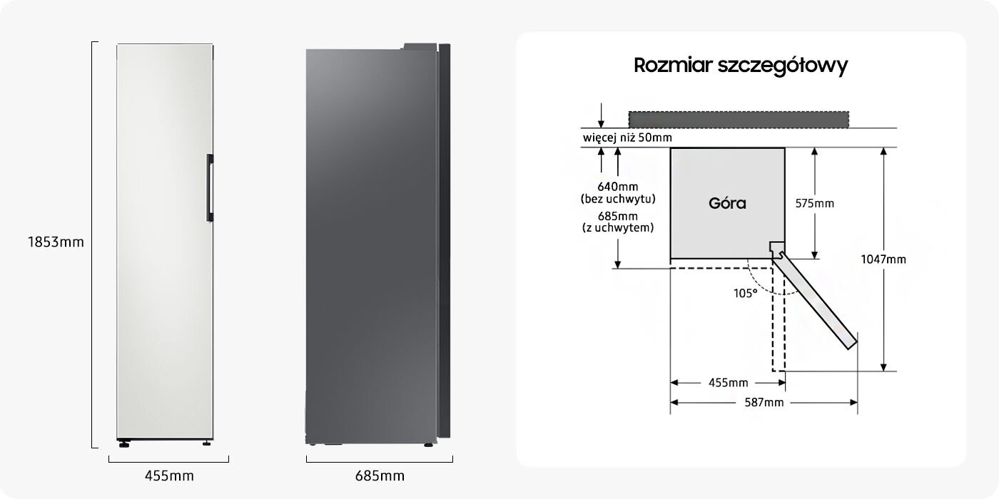 Dostępna w Media Expert chłodziarka jednodrzwiowa Samsung BESPOKE RR25A5470AP/EF Twin Slim została przedstawiona na rysunku technicznym z podanymi wymiarami zewnętrznymi urządzenia
