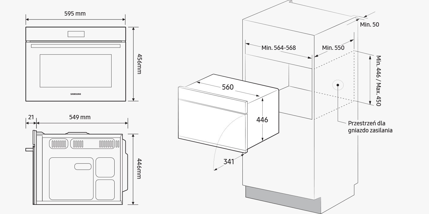 Wymiary kuchenki mikrofalowej do zabudowy Samsung NQ5B4313GBS przedstawione na rysunku technicznym