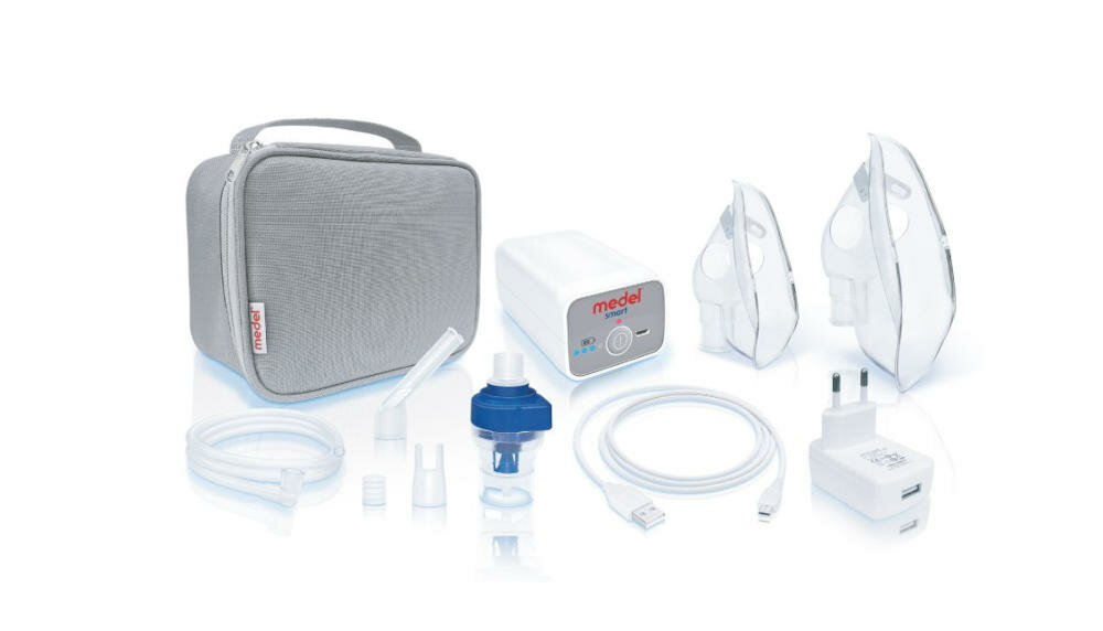 MEDEL-Smart inhalator nebulizator zestaw urządzenie ustnik maska dorosły dziecko torba zasilacz filtry zapasowe przewód usb instrukcja karta gwarancyjna