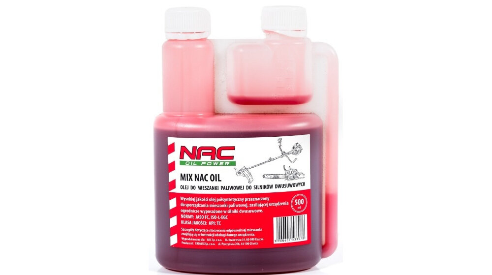Olej NAC Mix 0,5 L pojemność 0,5 litr do sporządzania mieszaj paliwowej dla 2-suwowych silników bardzo dobra właściwość smarująca