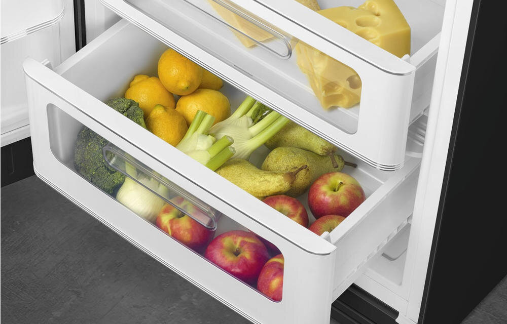 SMEG FAB28LBL5 szuflady lodówka organizacja wysuwane ślizgowe prowadnice szkło przechowywanie owoce warzywa