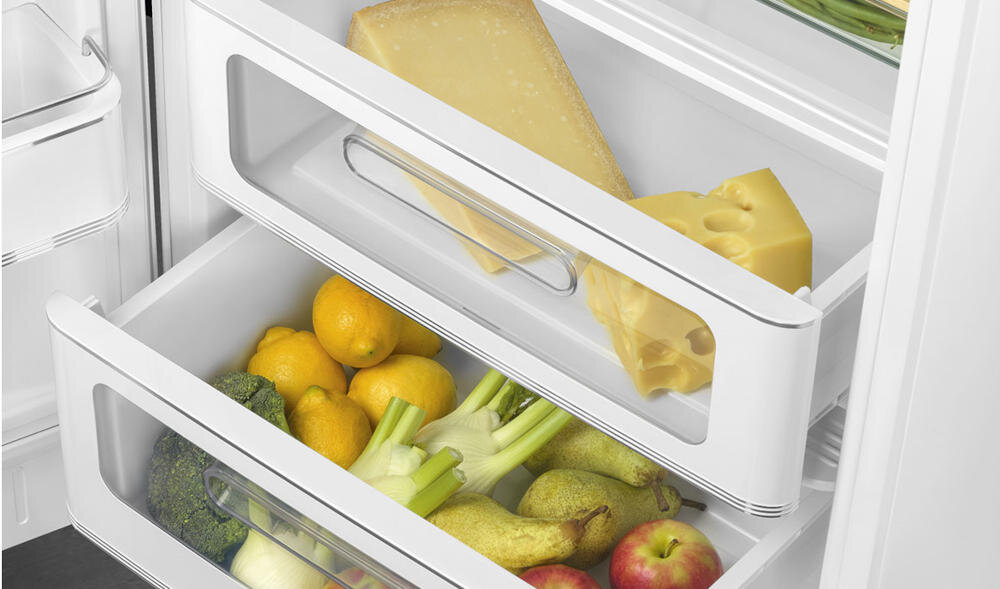 SMEG FAB28LWH5 szuflady lodówka organizacja wysuwane ślizgowe prowadnice szkło przechowywanie owoce warzywa