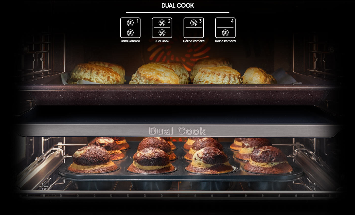 Zdjęcie piekarnika Samsung Natural Steam NV7B4345VAK, w którym dzięki funkcji Dual Cook przygotowywane są dwa rodzaje wypieków.