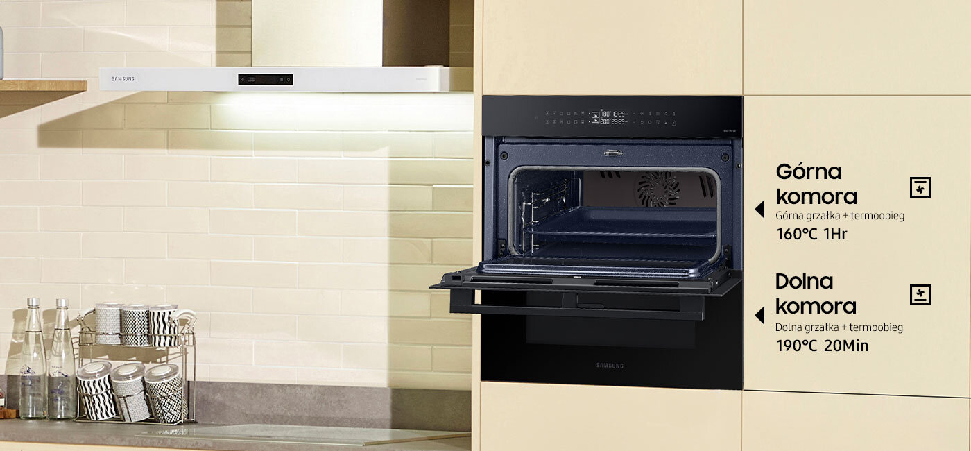 Zdjęcie estetycznie urządzonej kuchni, w której działają dwa urządzenia Samsung. To funkcjonalny okap i piekarnik parowy Natural Steam z rozwiązaniem Dual Cook Flex.