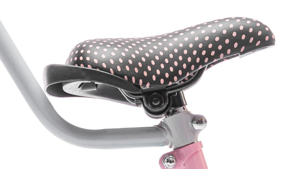 Rower dziecięcy SUN BABY Heart Bike 16 cali dla dziewczynki Różowy bezpieczna i satysfakcjonująca aktywność wygodne siodełko pokryte pięknym mocnym czarnym materiałem w morelowe kropki możliwość reakcji w zakresie od 54 do 62 cm