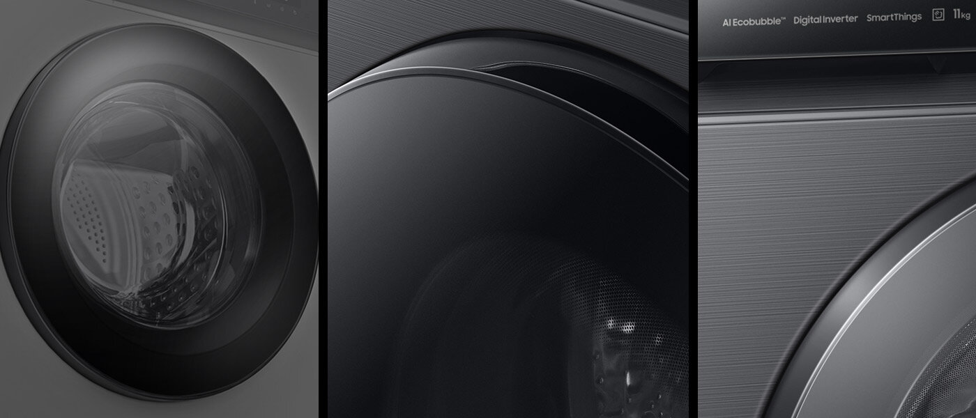 Na zdjęciach pokazano starannie zaprojektowane detale pralki Samsung Bespoke WW11BB944DGBS6