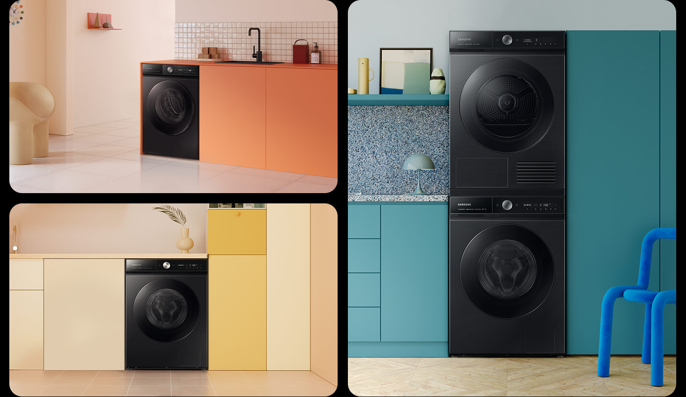 W galerii zdjęć pokazano różne aranżacje wnętrzarskie wykorzystujące pralki i suszarki Samsung Bespoke jako elementy wyposażenia