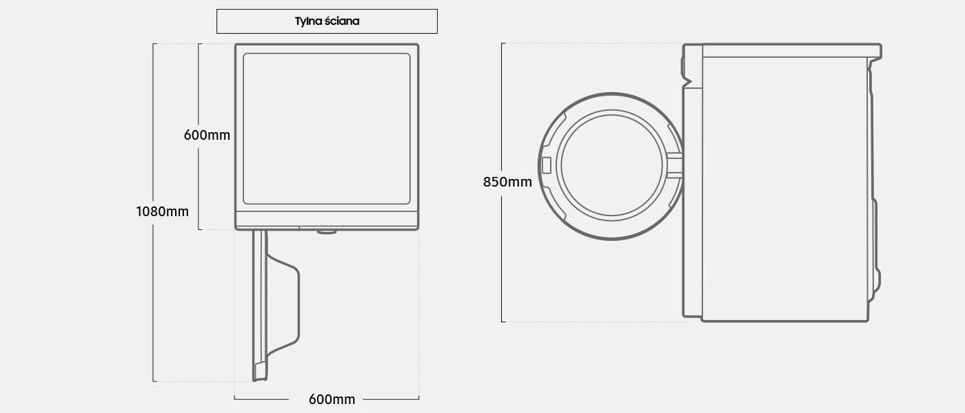 Na grafice pokazano schematyczny rysunek dostępnej w ofercie Media Expert pralki Samsung Bespoke WW11BB944DGBS6 wraz z wymiarami w milimetrach