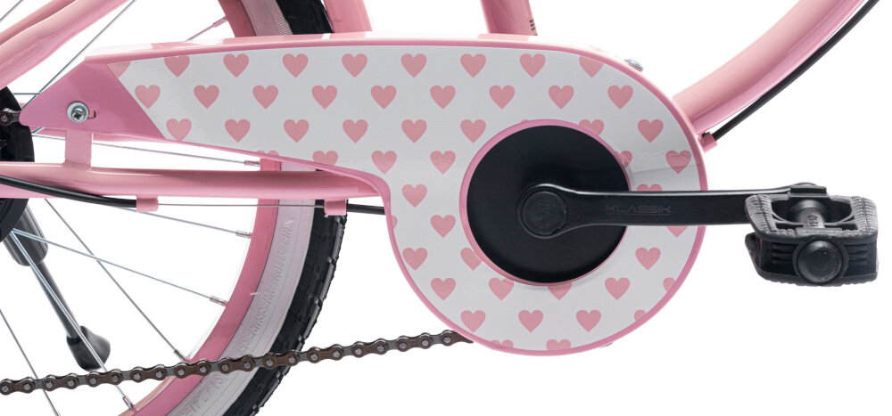 Rower dziecięcy SUN BABY Heart Bike 20 cali dla dziewczynki Różowy łańcuch ukryty pod stylową różową osłoną w serduszka designerski retro wygląd