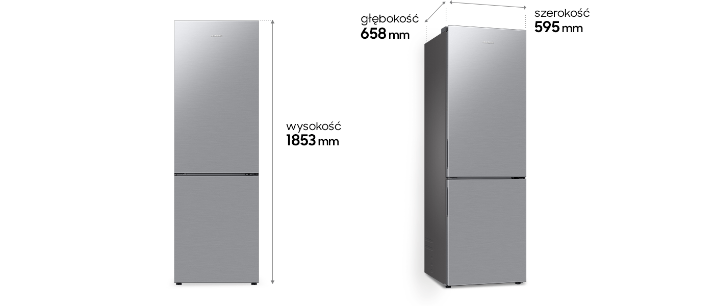 Na zdjęciu pokazano dokładne wymiary lodówki Samsung RB33B612ESA z oferty sieci sklepów Media Expert