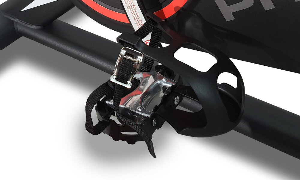 Rower spinningowy HERTZ FITNESS XR-110 Pro metalowe pedały z opaskami stabilna podstawa bezpieczna wygodna jazda maksymalna waga użytkownika 110 kg