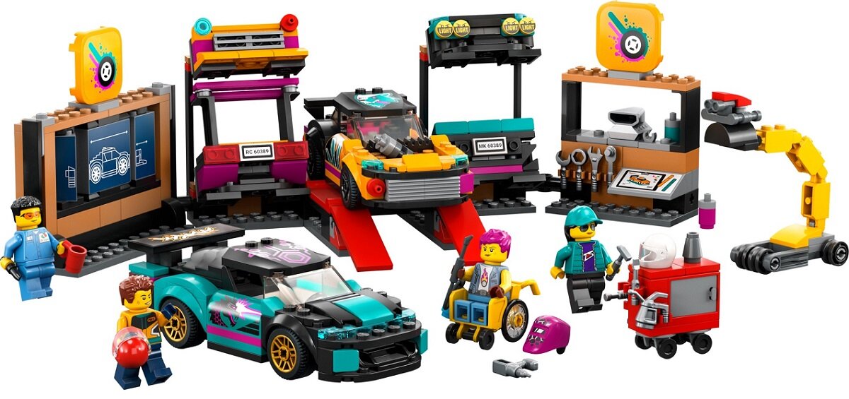 LEGO City Warsztat tuningowania samochodów 60389 dziecko kreatywność zabawa nauka rozwój klocki figurki minifigurki jakość tradycja konstrukcja nauka wyobraźnia role jakość bezpieczeństwo wyobraźnia budowanie pasja hobby funkcje instrukcje tuning samochody silnik moduły