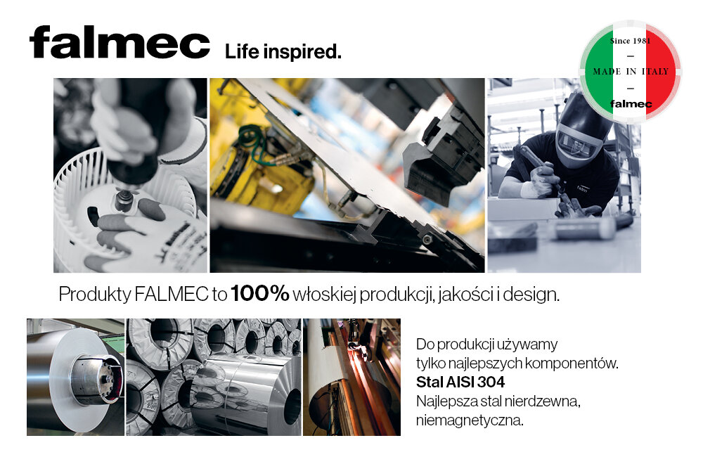 FALMEC Virgola Evo 60 staranność dbałość detale włoska produkcja jakość design stal 