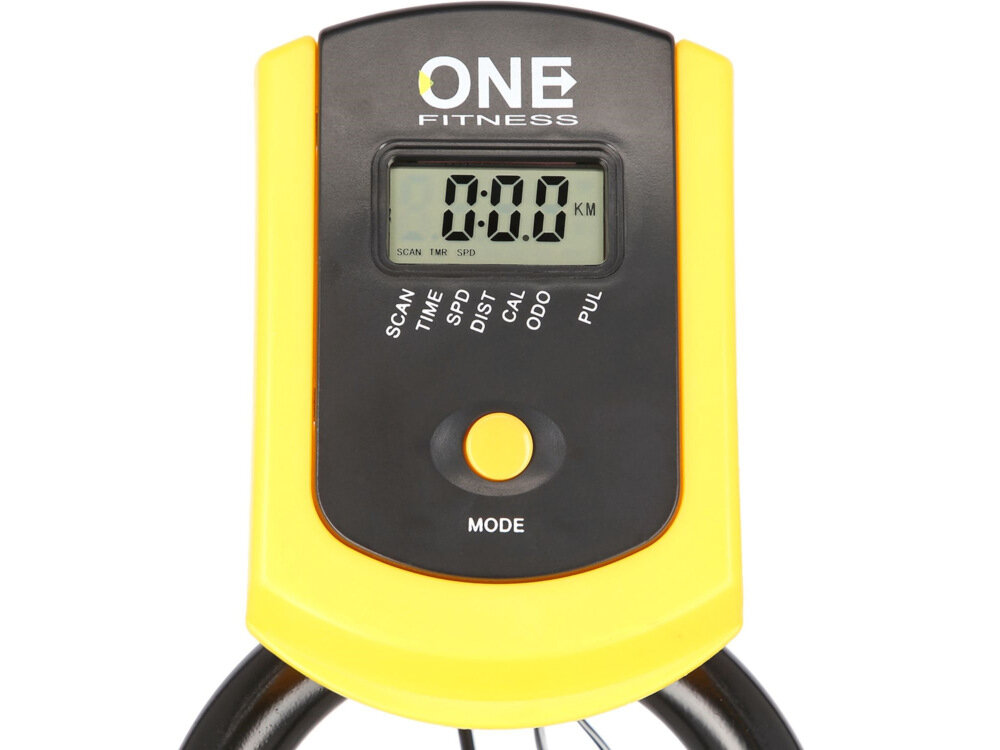 Rower spinningowy ONE FITNESS SW2501 Żółty czytelny wyświetlacz parametry czas prędkość dystans spalone kalorie scan