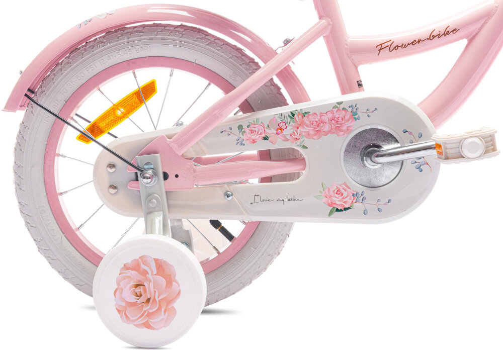Rower dziecięcy SUN BABY Flower 14 cali dla dziewczynki Różowy koła 14-calowe aluminiowe obręcze boczne kółka asekurują dziecko w początkowej fazie nauki łańcuch roweru bezpiecznie ukryty kwiatowa osłona błotniki regularne sprawdzanie ciśnienia powietrza wartość na bocznej części opony