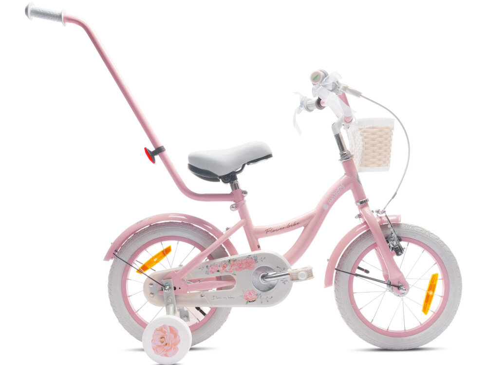 Rower dziecięcy SUN BABY Flower 14 cali dla dziewczynki Różowy pałąk prowadzący dla rodzica pomoże w szlifowaniu jazdy na jednośladzie