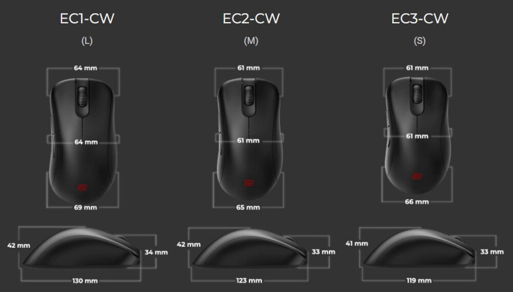 Mysz ZOWIE EC2-CW wymiary rozmiar dostosowanie