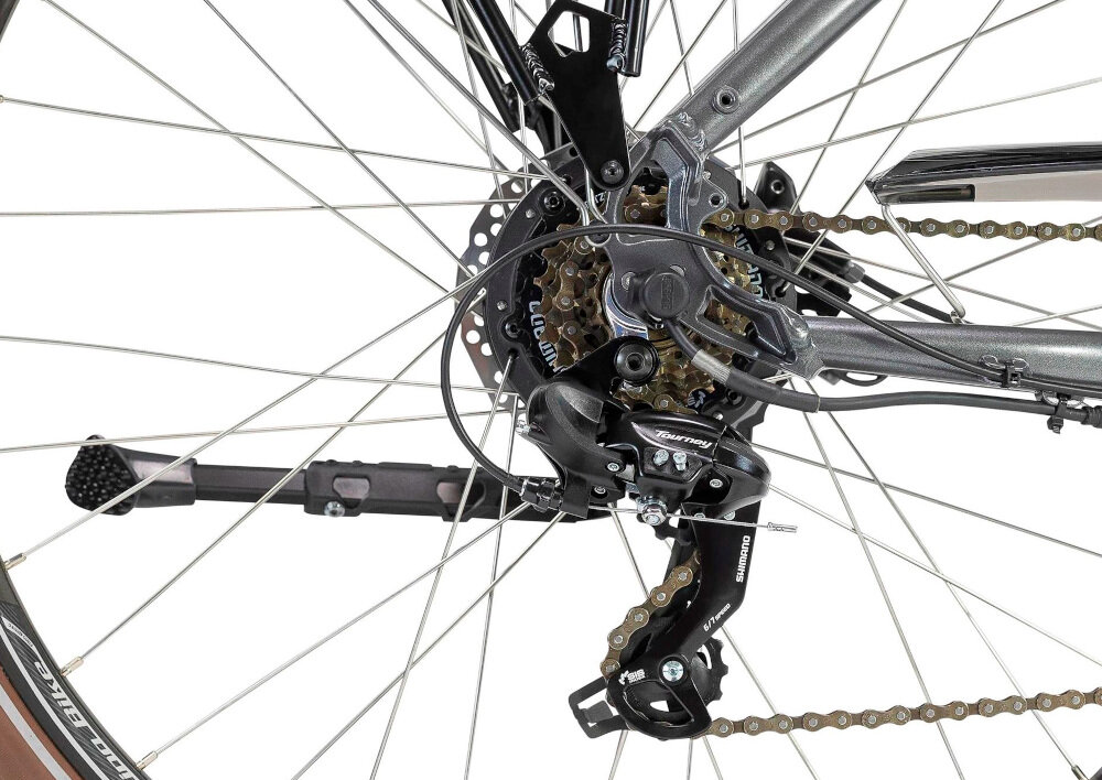 Rower elektryczny LOMBARDO Trastevere U19 28 cali Szaro-czarny manetki SHIMANO SL-M315 7 biegów przerzutka tylna SHIMANO Tourney do rekreacyjnej jazdy na rowerze na niewymagającej nawierzchni duża wytrzymałość sprawne działanie