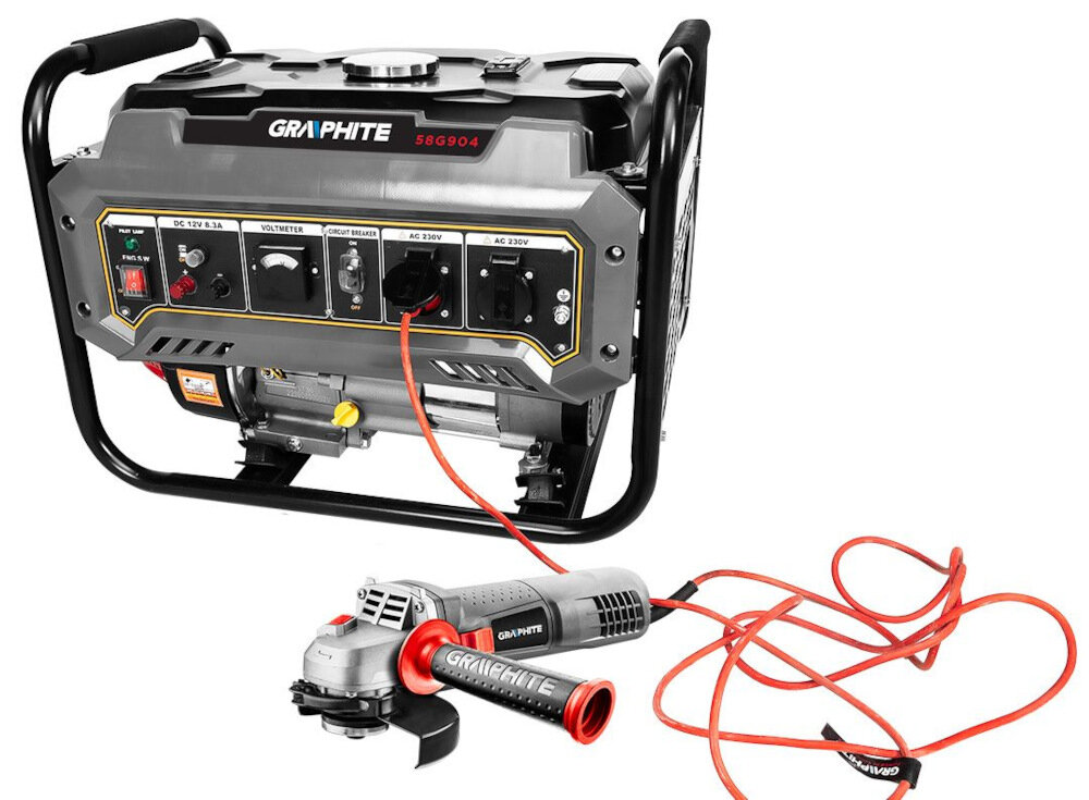 Agregat prądotwórczy GRAPHITE 58G904 zrodlo energii dla typowych urzadzen przemyslowych na camping ladowanie urzadzen mobilnych douzytku w serwisach samochodowych na dzialkach na swiezym powietrzu