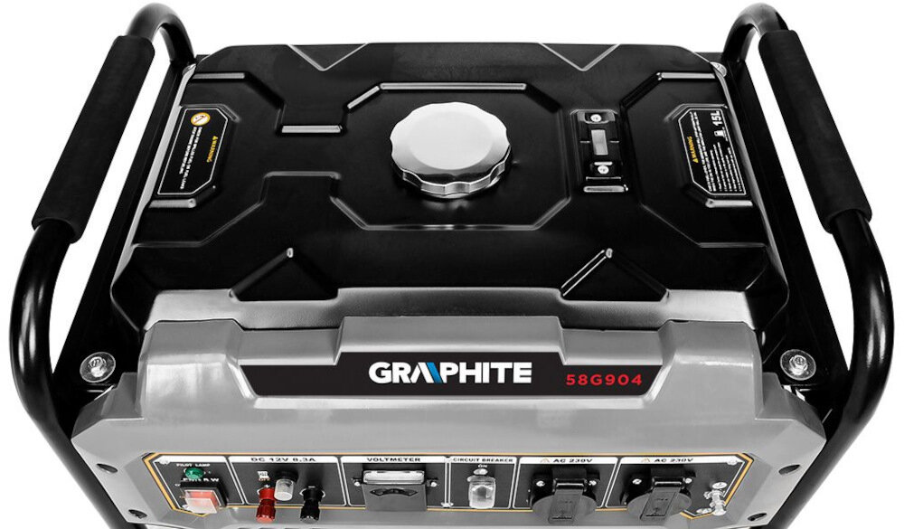 Agregat prądotwórczy GRAPHITE 58G904 silnik czterosuwowy odrebnyuklad smarowania odrebny zbiornik pojemnosc 0,6 litra