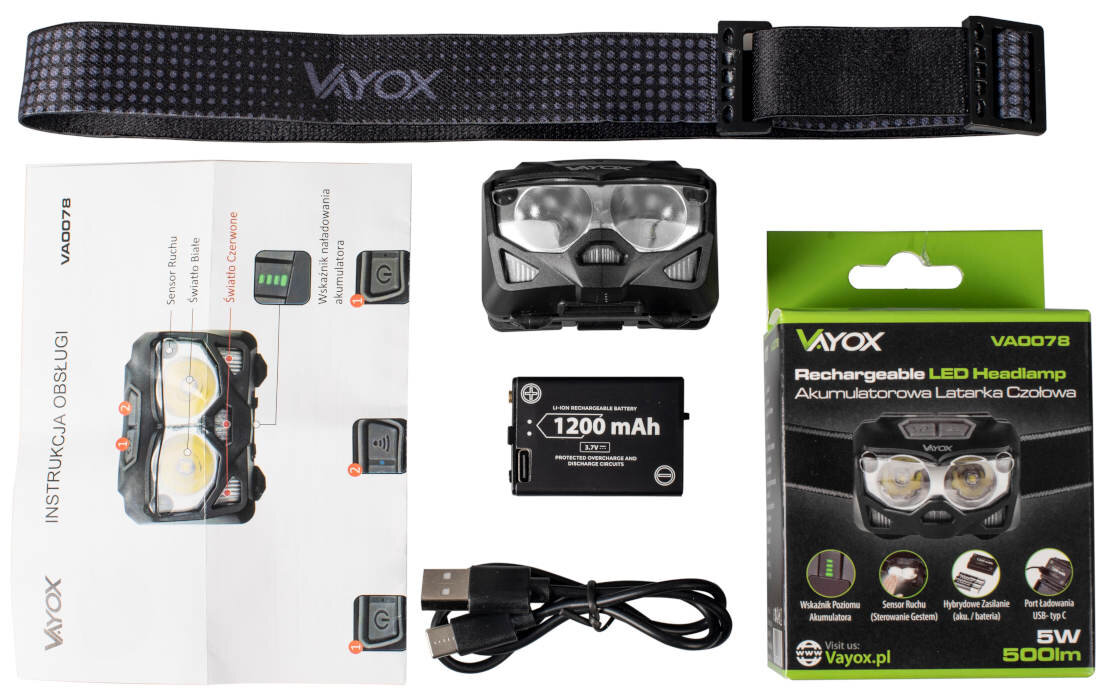 Latarka czołowa VAYOX VA0078 zestaw akcesoria komplet wyposazenie