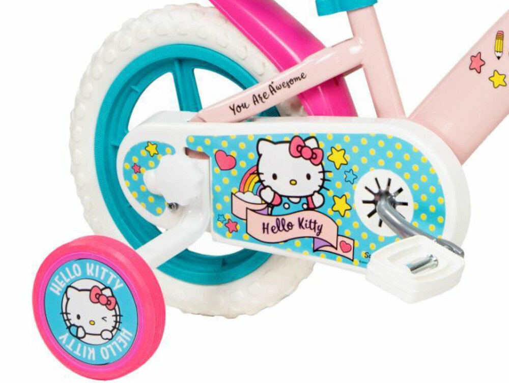 Rower dziecięcy TOIMSA Hello Kitty 12 cali dla dziewczynki 12-calowe koła łańcuch stylowa osłona z wizerunkiem Hello Kitty regularne sprawdzanie ciśnienia powietrza zalecana wartość na bocznej części opony