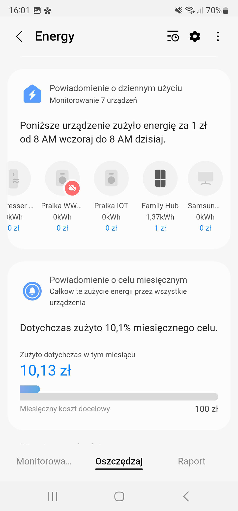 Screen z aplikacji SmartThings dzienne zużycie energii