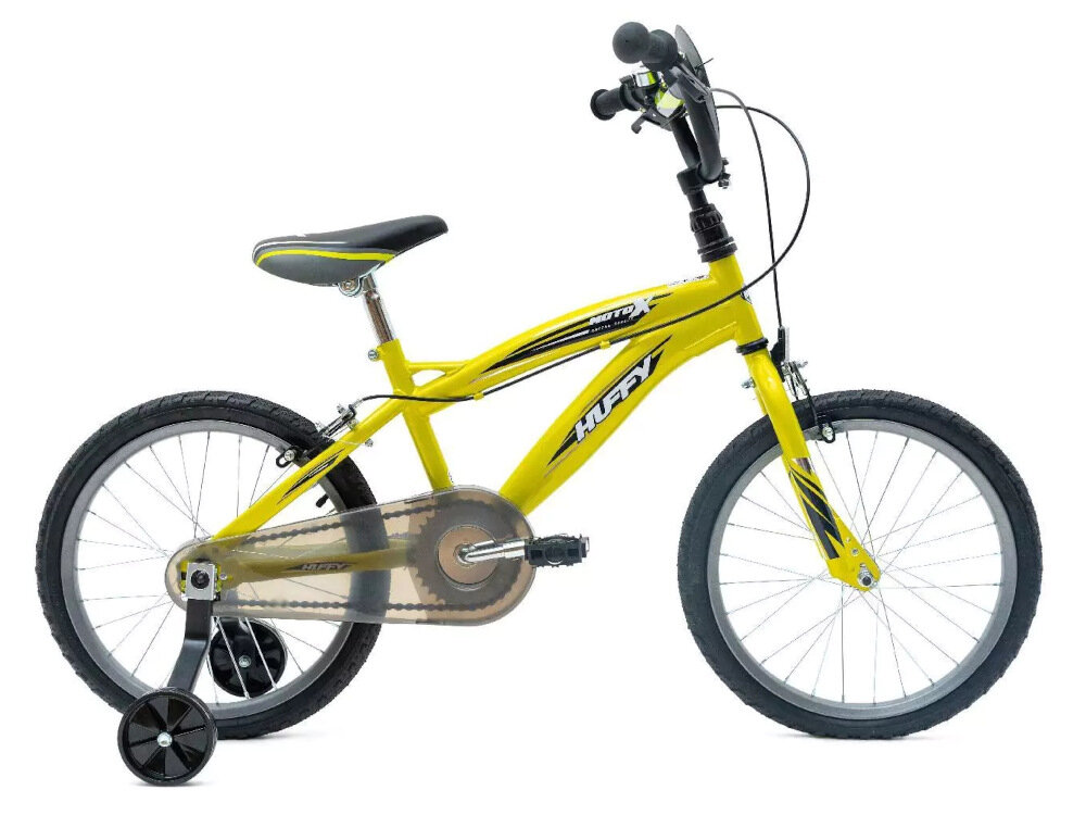 Rower dziecięcy HUFFY Moto X 18 cali dla chłopca Żółty solidnosc bezpieczenstwo dynamicznym design zolty kolor grafiki z motywem motocyklowym wygodna kierownica narzedzie do nauki zabawka