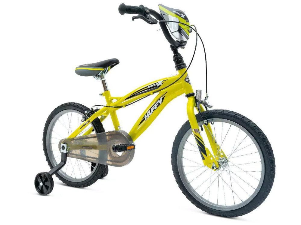 Rower dziecięcy HUFFY Moto X 18 cali dla chłopca Żółty mocne hamulce solidne na przod na tyl typ Caliper niezawodne lekkie