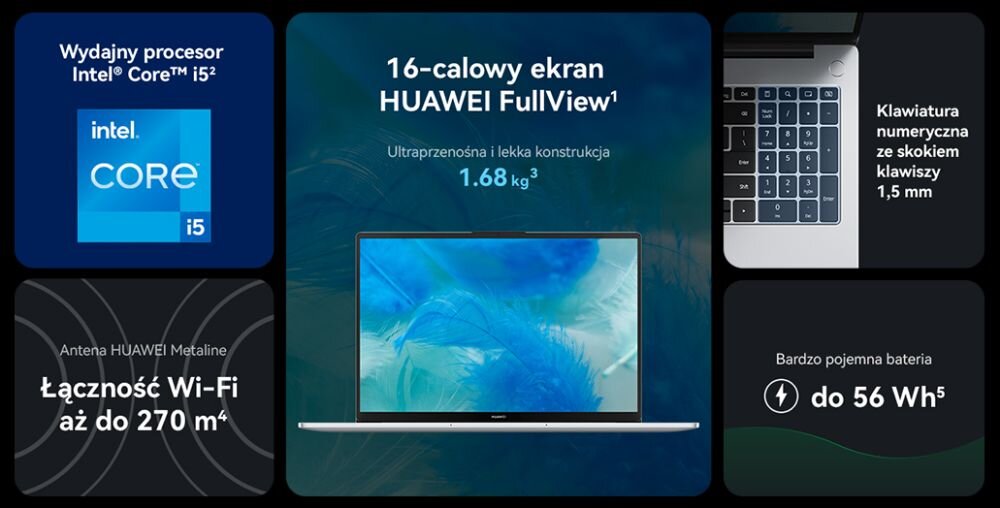Laptop HUAWEI MateBook D 16   ekran wydajność grafika karta procesor taktowanie pojemność bateria ładowanie pamięć ram rom wyświetlacz rozdzielczość kamerka system klawiatura porty 