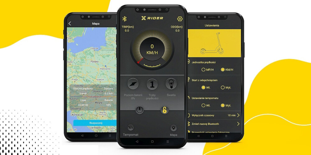 Hulajnoga elektryczna XRIDER M10 PRO Czarny aplikacja XRIDER kontrola nad funkcjami pojazdu mozliwosc rejestrowania trasy przegladanie w mapie Google dla systemu Android i urzadzen iPhone