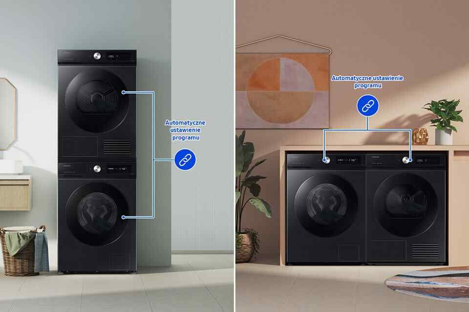 Synchronizacja pralki i suszarki Samsung za pośrednictwem Wi-Fi pozwala zoptymalizować ich pracę