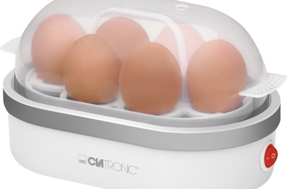 Jajowar CLATRONIC EK 3497 wyposazenie moc do 6 jajek jednorazowo powloka nie przywierajaca podswietlany przelacznik on off sygnal dzwiekowy wyjmowana postawka na jajka