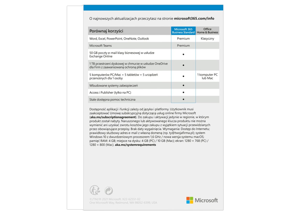 Program MICROSOFT 365 Business Standard cena, opinie, dane techniczne
