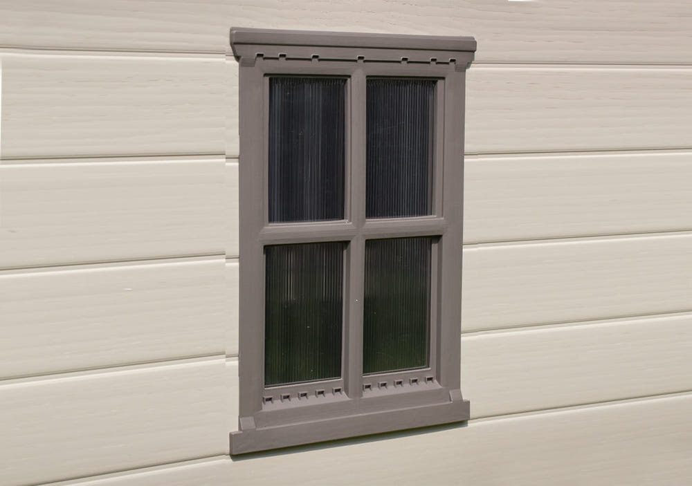 Domek narzędziowy KETER Factor 209875 8x8 Beżowy wkomponowane okna w boczne ściany świetliki dachowe dwuskrzydłowe drzwi