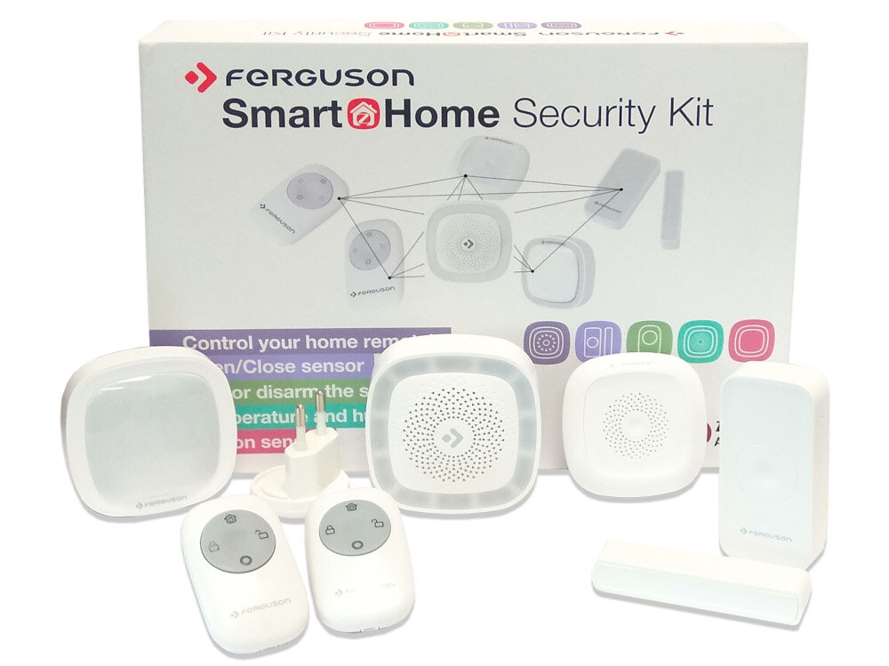 Zestaw czujników FERGUSON Smart Home Security Kit Wi-Fi, ZigBee zestaw centrala SMART Hub czujek wielozadaniowy czujnik temperatury i wilgotnosci czujnik ruchu 2 piloty dokumentacja