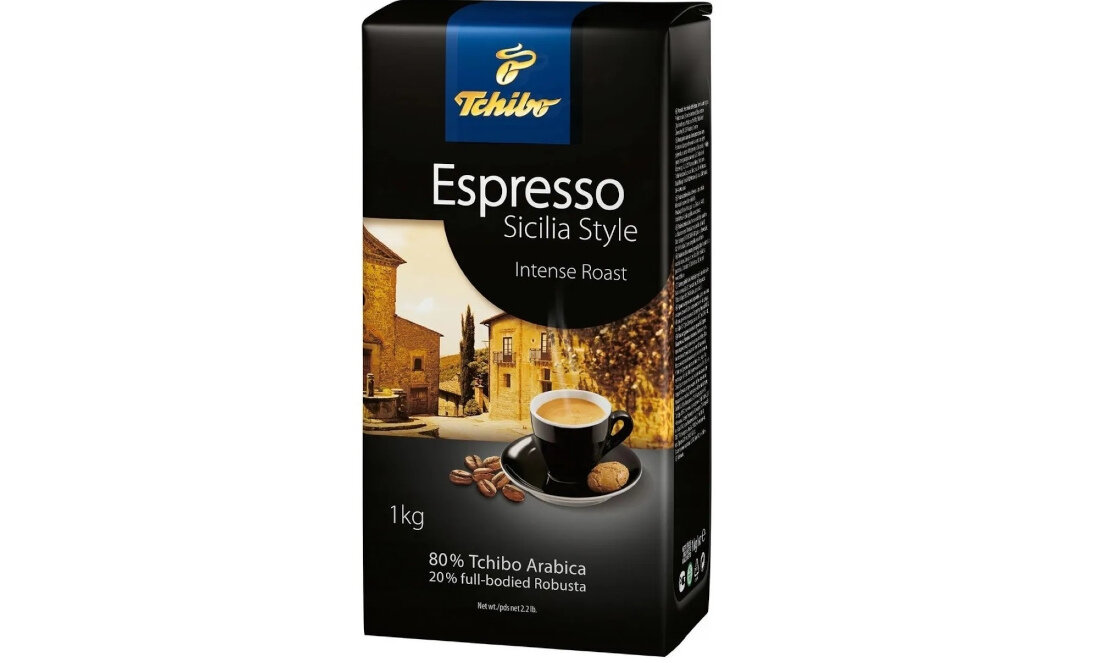 Kawa ziarnista TCHIBO Espresso Sicilia Style 1 kg espresso ziarna 80% arabika 20% robusty smak o intensywnym aromacie delikatna aksamitna pianka intensywtnie parzona aromat