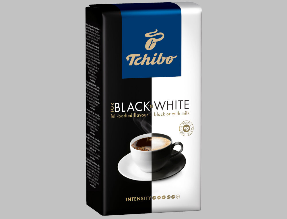 Kawa ziarnista TCHIBO Black and White 1 kg chwila przyjemnosci smak aromat przyjemny smak harmonijny aromat najlepsze ziarna wyrazista nuta parzenie z mlekiem czarna proces starannego dlugie parzenia