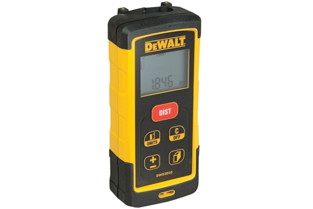Dalmierz laserowy DEWALT DW03050-XJ pamiec ostatnich 5 pomiarow urzadzenie odporne na upadki i uderzenia funkcje pomiarowe dokladnosc zasiegu obliczenia