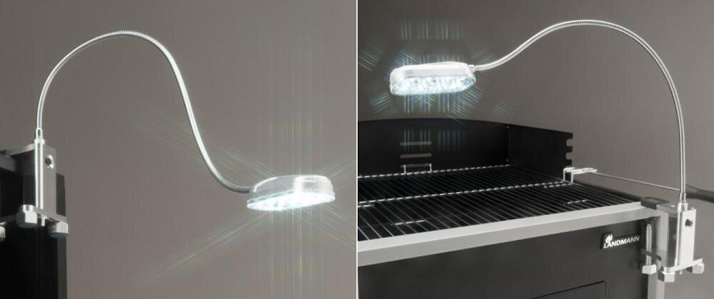LANDMANN 16100 lampka stół grill chromowane aluminium zaleta elastyczny wysięgnik światło zasilanie baterie