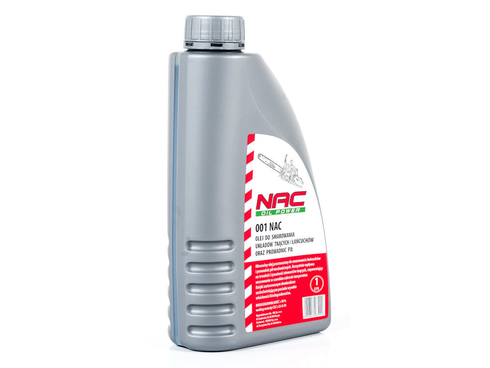 Olej NAC do prowadnic i łańcuchów (1 litr) pojemność 1 litrów wysokiej jakości preparat myjąco-konserwujący prowadnice i łańcuchy minimalizuje szybkość zużywania się prowadnic zmniejszenie szybkości tępienia się łańcucha