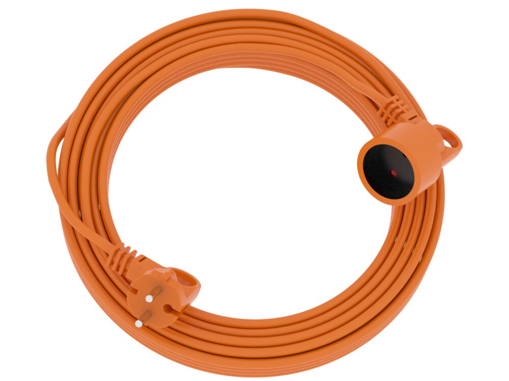 Przedłużacz ACAR M01806 (15 m) 15 metrów długości w kolorze pomarańczowym nie posiada uziemienia przewody H05VV-F izolacja wtyczka i gniazdo sieciowe ergonomiczny uchwyt w postaci ucha przesłony ochronne blokadę gniazd CHILD PROTECT