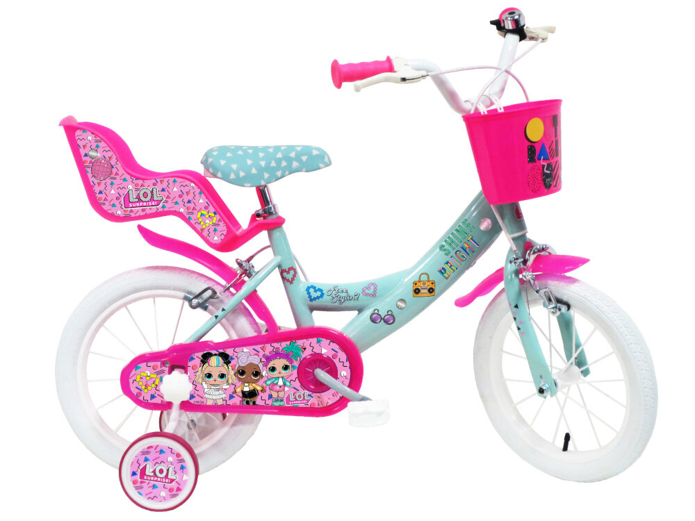 Rower dziecięcy DISNEY Lol Surprise 14 cali dla dziewczynki w bajkowej turkusowo-różowej kolorystyce laleczki LOL dla dziewczynek w wieku 4-6 lat pierwszy kompan do nauki jazdy