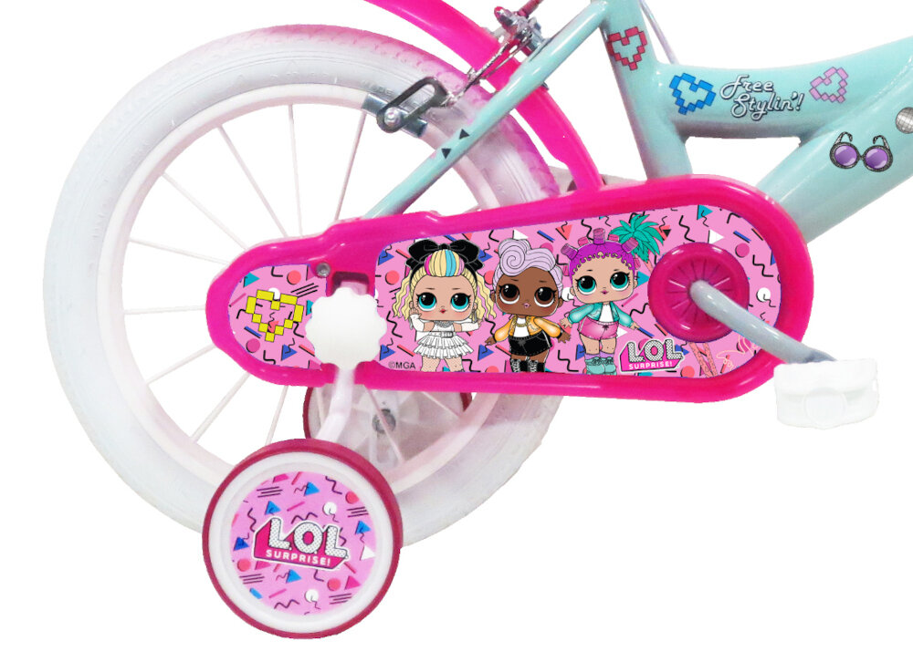 Rower dziecięcy DISNEY Lol Surprise 14 cali dla dziewczynki osłona na łańcuch kolorowa w ulubionym wzorze boczne kółka