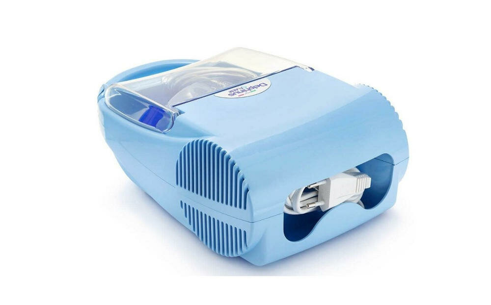 FLAEM-Delphinus inhalator nebulizator pneumatyczny pacjenci starsi dzieci placówki medyczne użytek domowy cicha praca ergonomiczny kształt wygodna rączka łatwy transport komora na akcesoria dwa tryby pracy przewód zasilający komfort w oddychaniu