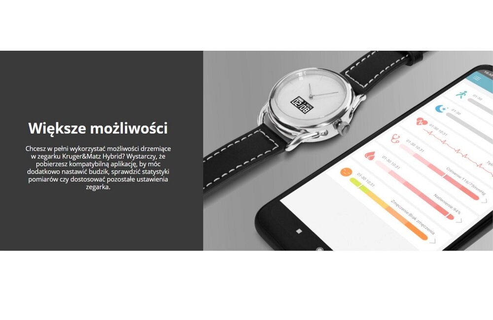 Smartwatch KRUGER MATZ Hybrid Srebrny aplikacja WearFit synchronizacjs smartwatcha z telefonem