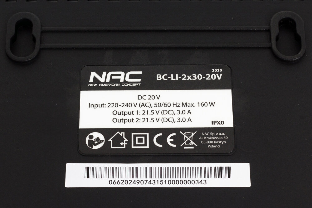 Ładowarka NAC BC-LI-2X30-20V napięcie 2x21V natężenie 3A kompatybilne ze wszystkimi akumulatorami z serii AKUMULTISYSTEM 20V ogniwa litowo-jonowe 2 sloty jednoczesne ładowanie dwóch baterii akumulator o pojemności 2Ah około 50 minut akumulator o pojemności 4Ah około 100 minut