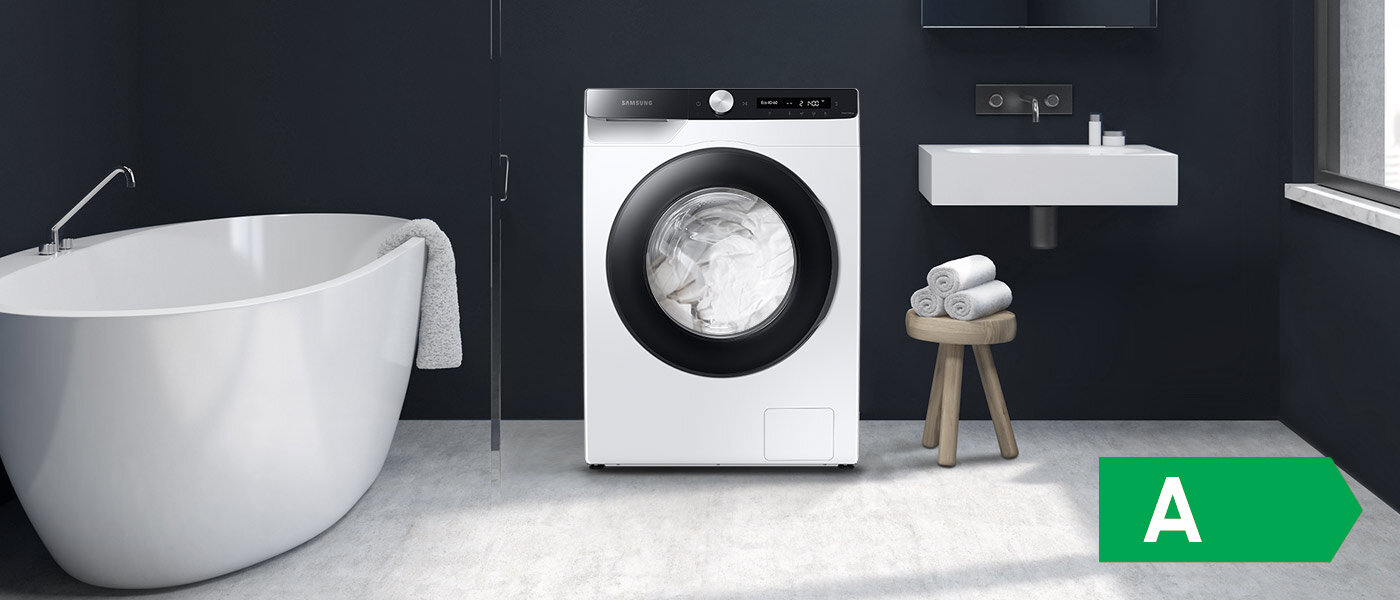 Zdjęcie pralki Samsung wraz z ikoną oznaczającą najwyższą klasę energetyczną